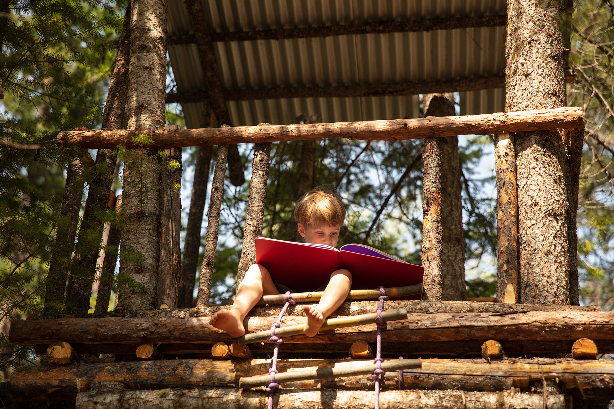 Enfant en train de lire dans sa cabane