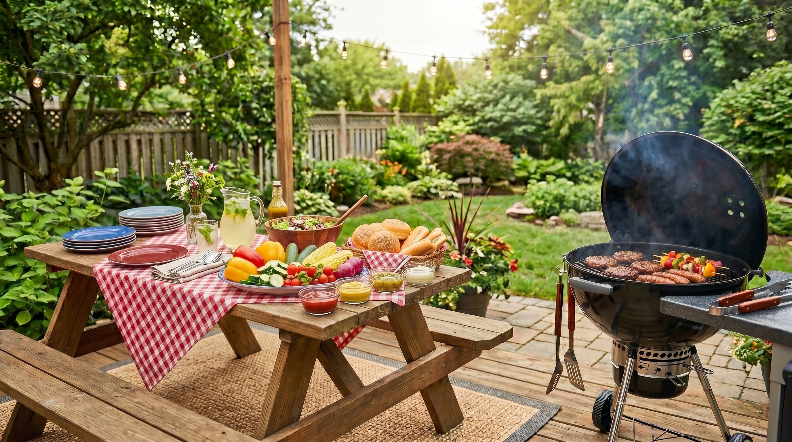 Table en bois dressée pour un repas convivial en plein air, avec barbecue, salades, légumes frais et boissons, dans un jardin verdoyant décoré de guirlandes lumineuses.