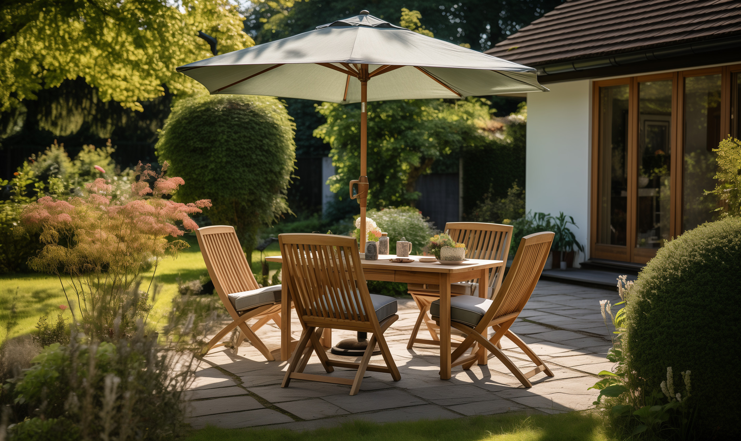 Terrasse de jardin aménagée avec une table et des chaises en bois sous un grand parasol, entourée de végétation et de fleurs, dans une ambiance estivale et chaleureuse.