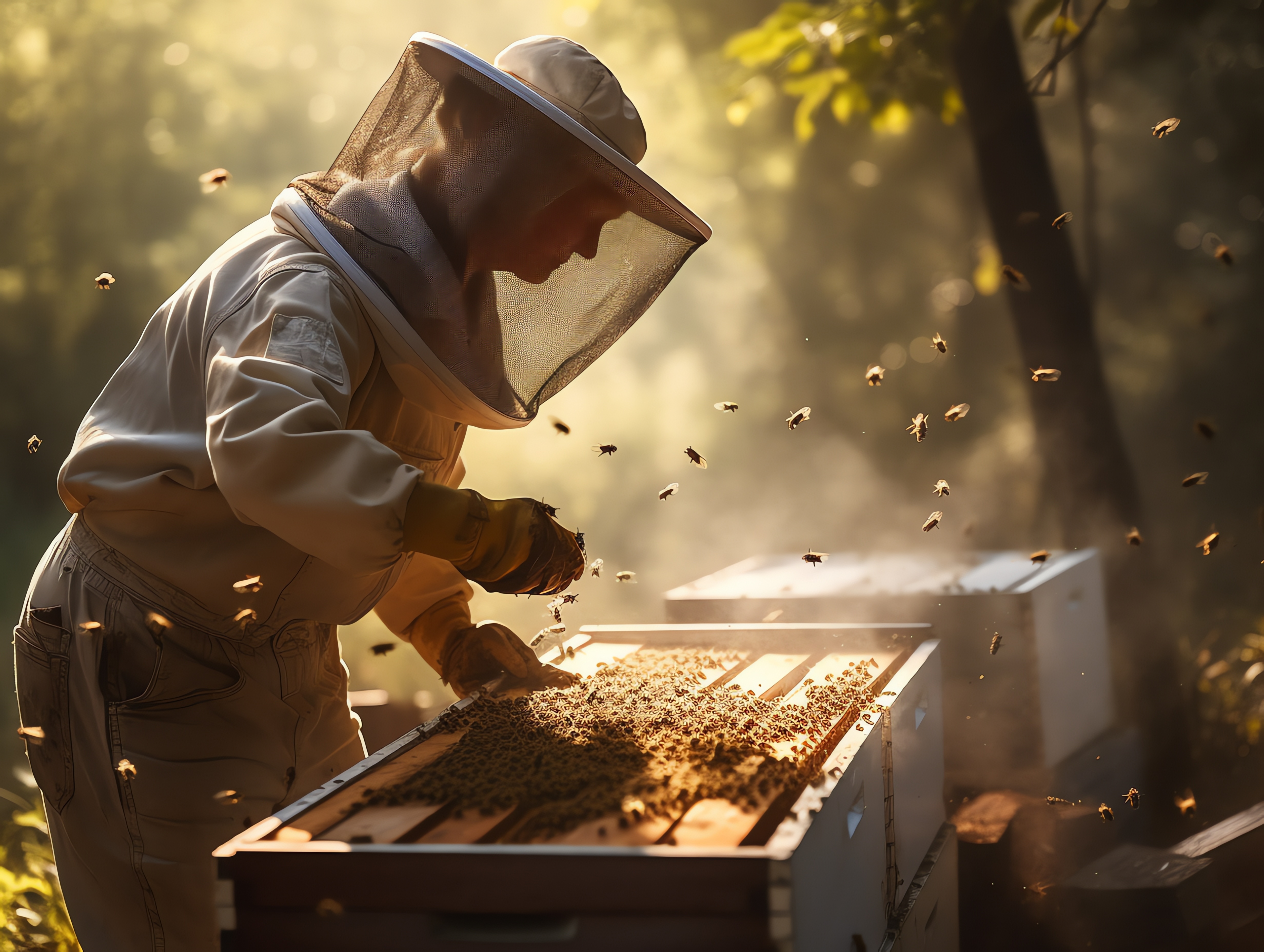 Femme avec ses abeilles aux abords de ruches