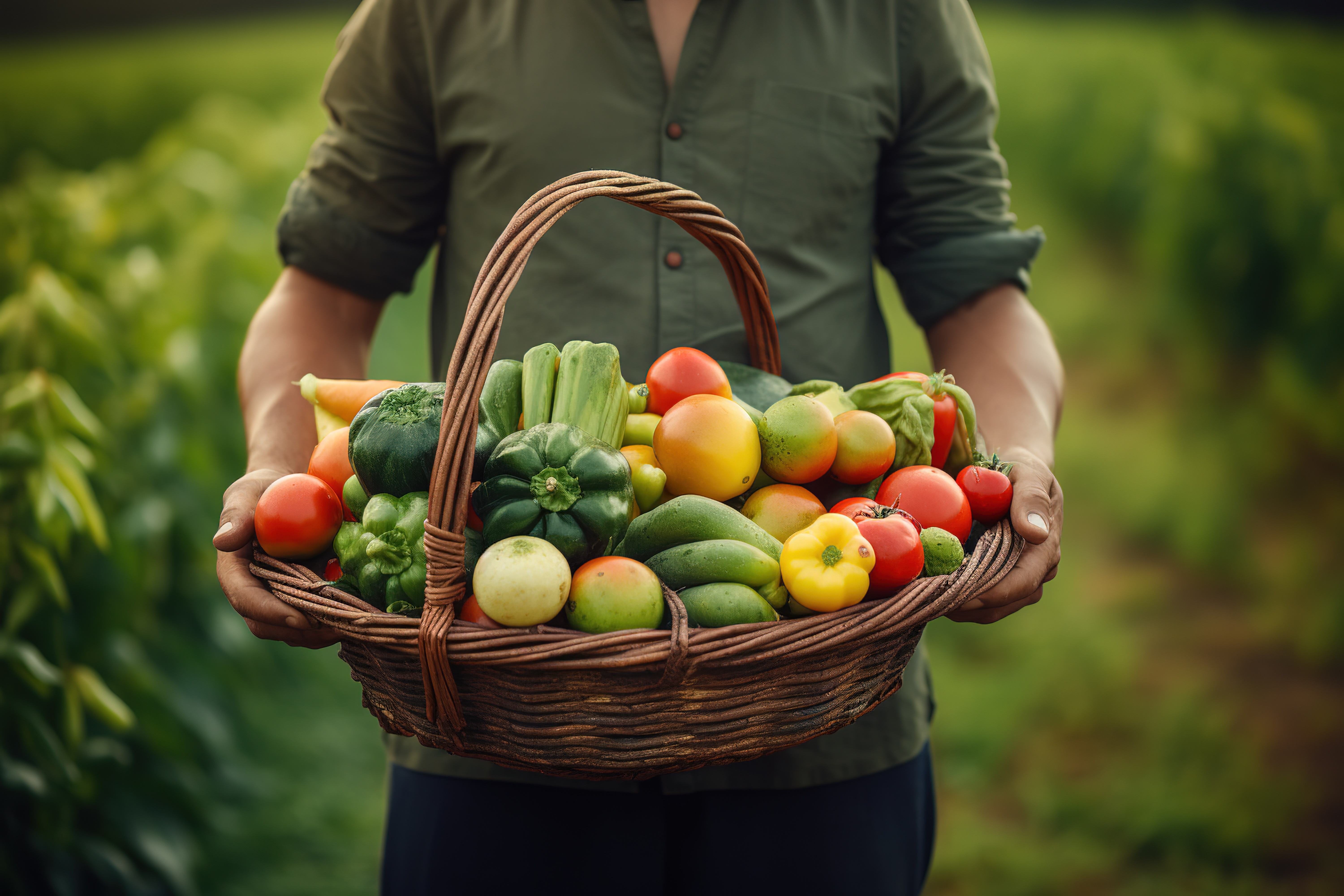 homme tenant un panier en osier de légumes divers et variés