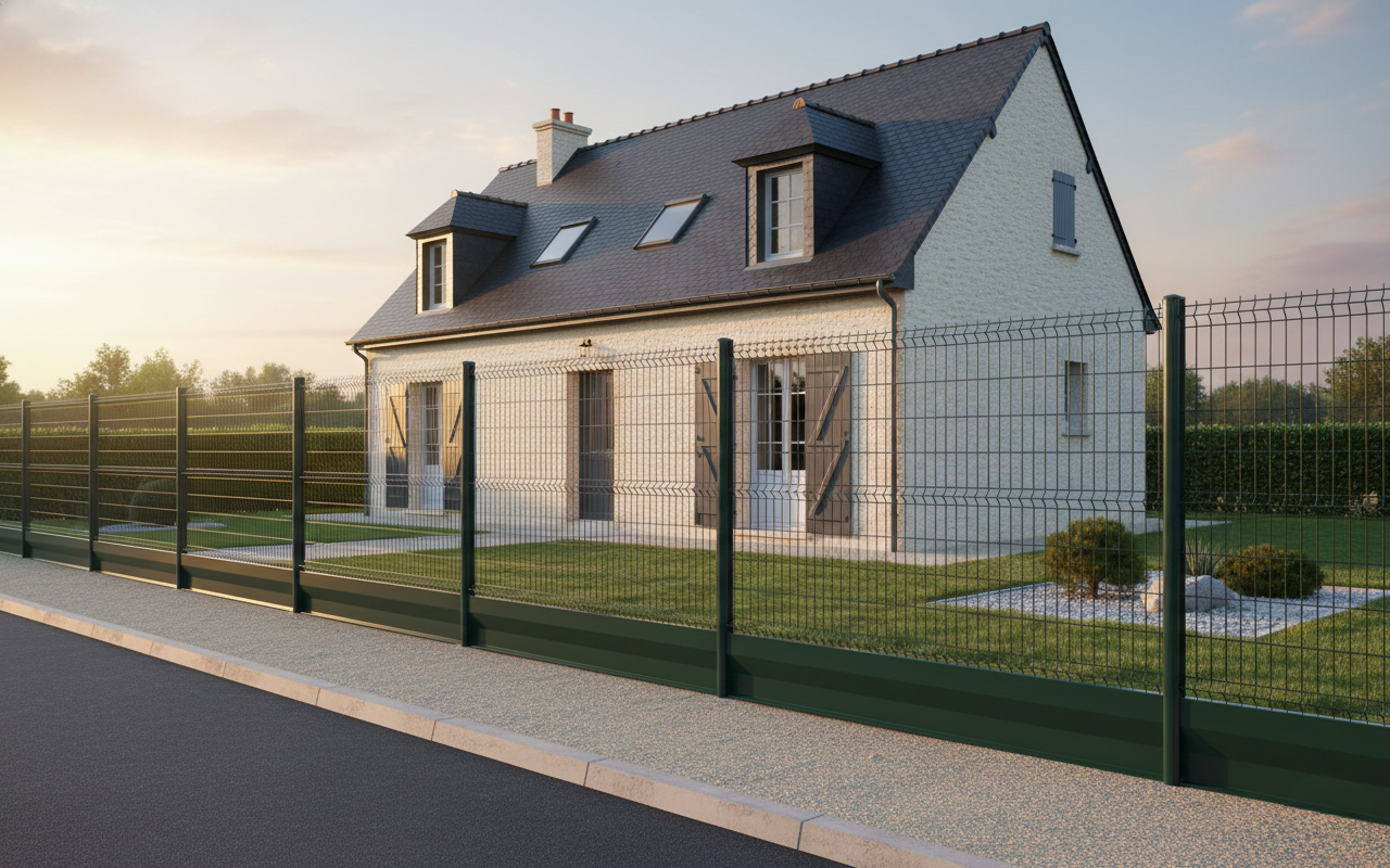 Exemple de pose en soubassement : la lame vient border le grillage au ras du sol