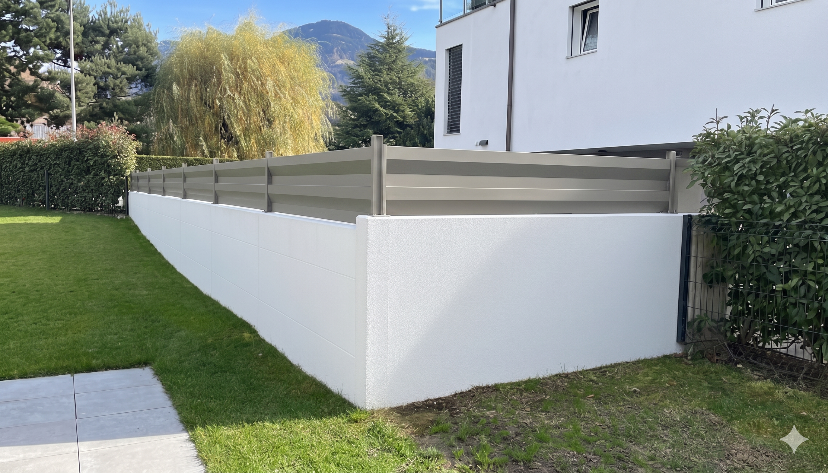 Clôture équipée de lames ModulaiRe en réhausse de mur, finition acier plastifié