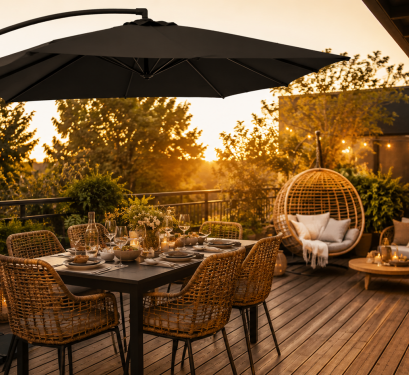 Terrasse extérieure avec salon de jardin en rotin, parasol déporté et coin détente à l’heure dorée