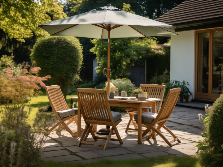Terrasse de jardin aménagée avec une table et des chaises en bois sous un grand parasol, entourée de végétation et de fleurs, dans une ambiance estivale et chaleureuse.